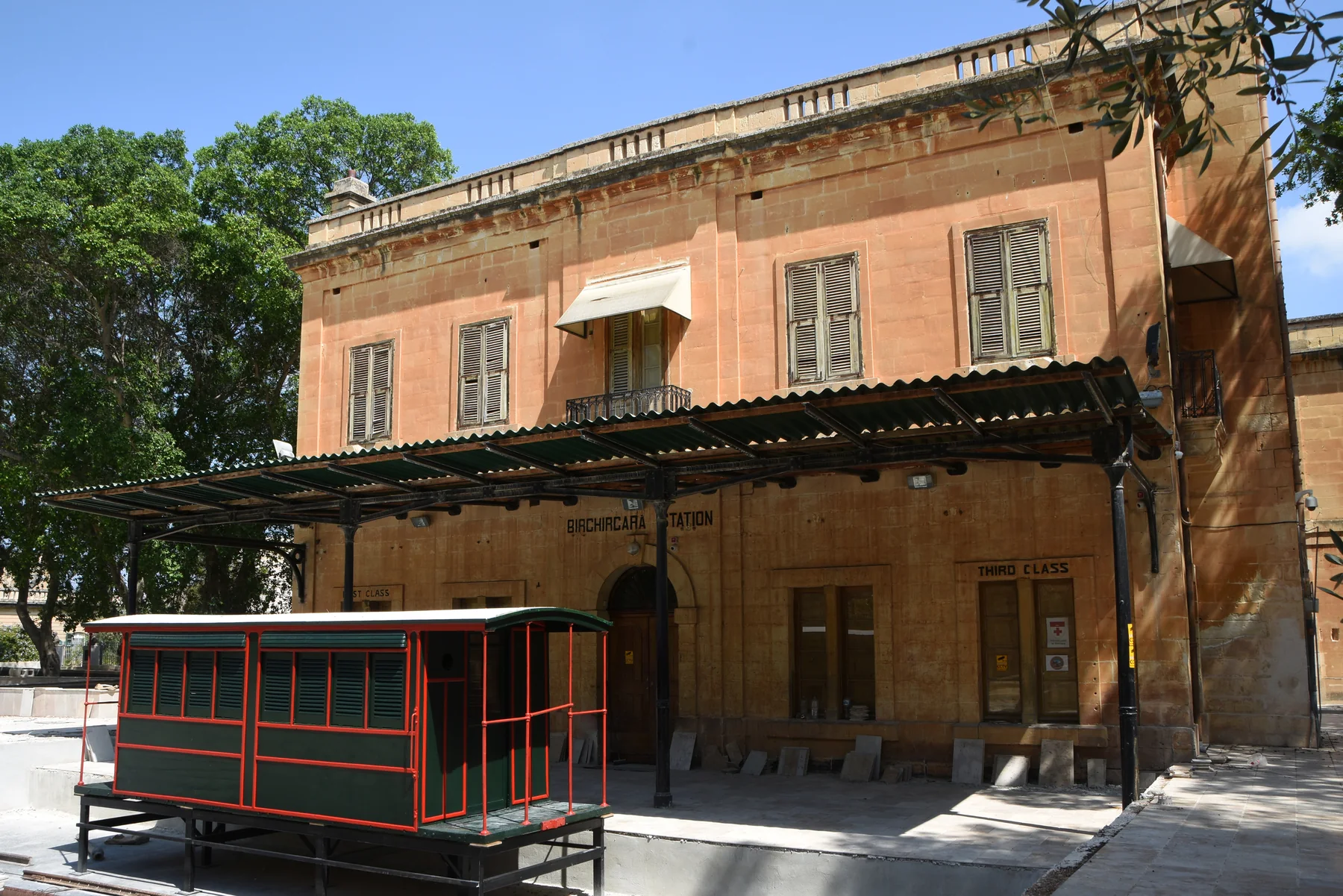 The historic old railway station at Birkirkara, its canopy and a preserved railway carriage