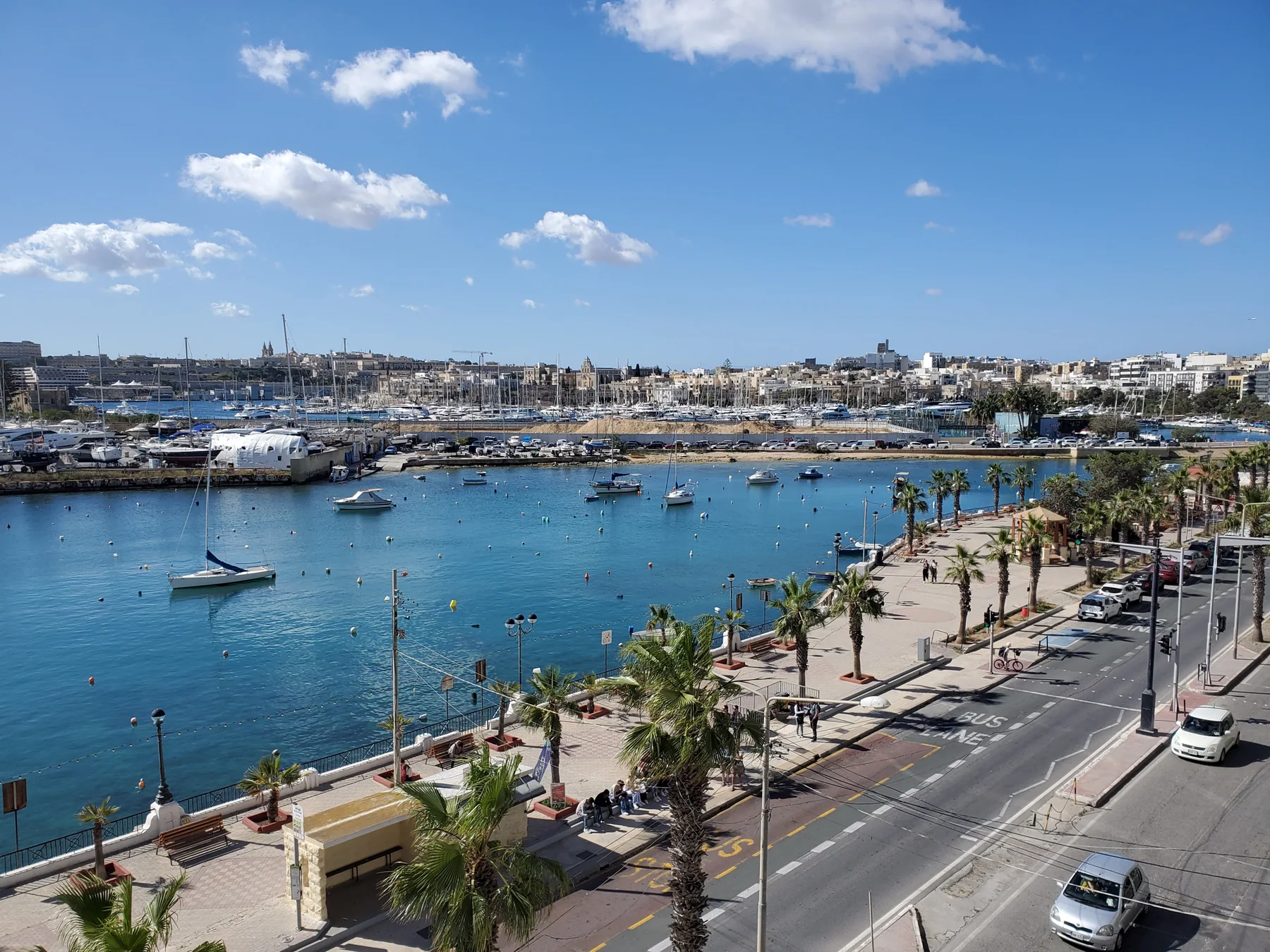 Gzira promenade, road and harbour seen from above