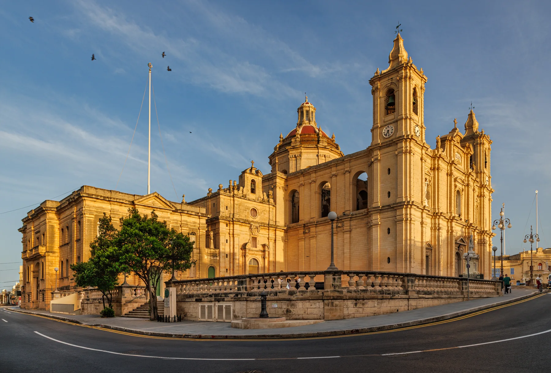 Parish Church of Saint Catherine in Żejtun with the adjoining streetscape in evening light